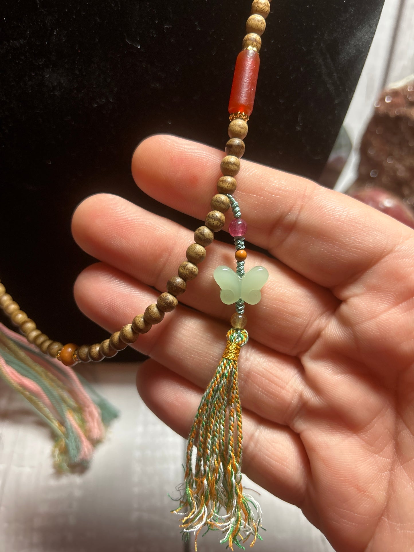 Two tassel wooden bead crystal mix necklace